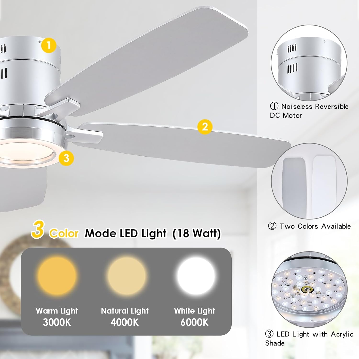 52 Inch Ceiling Fans with Lights Flush Mount, Modern Low Profile Ceiling Fan with Light and Remote, Quiet DC Motor, Dimmable LED, Reversible, Silver Ceiling Fans for Bedroom Indoor Outdoor