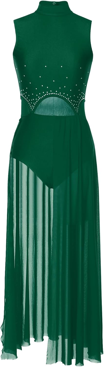 Women Long Lyrical Dance Costumes | Shiny Rhinestone, Mesh Tulle Flowy Maxi Dresses, Contemporary Dance Dress, Ballet Dancewear, Modern Dance Competition