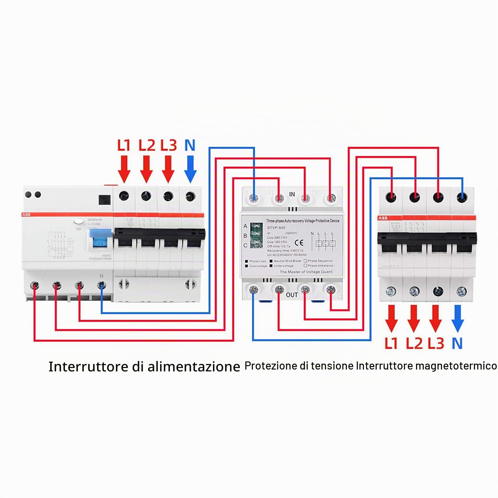 Stabilizzatore di Tensione Trifase Regolabile con Protezione di Tensione e Ripristino Automatico, Display LCD, 63A - Relè di Protezione di Tensione per Uso Industriale e Domestico
