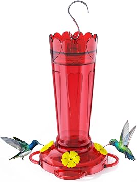 Plastic Hummingbird Feeder 14 Oz Humming Bird Feeder for Outdoors | Ant&Bee Proof Leak-proof Nectar Feeders with 4 Flower-shaped Feeding Ports and Perches, Gifts for Mom, Dad, Grandparents-Red