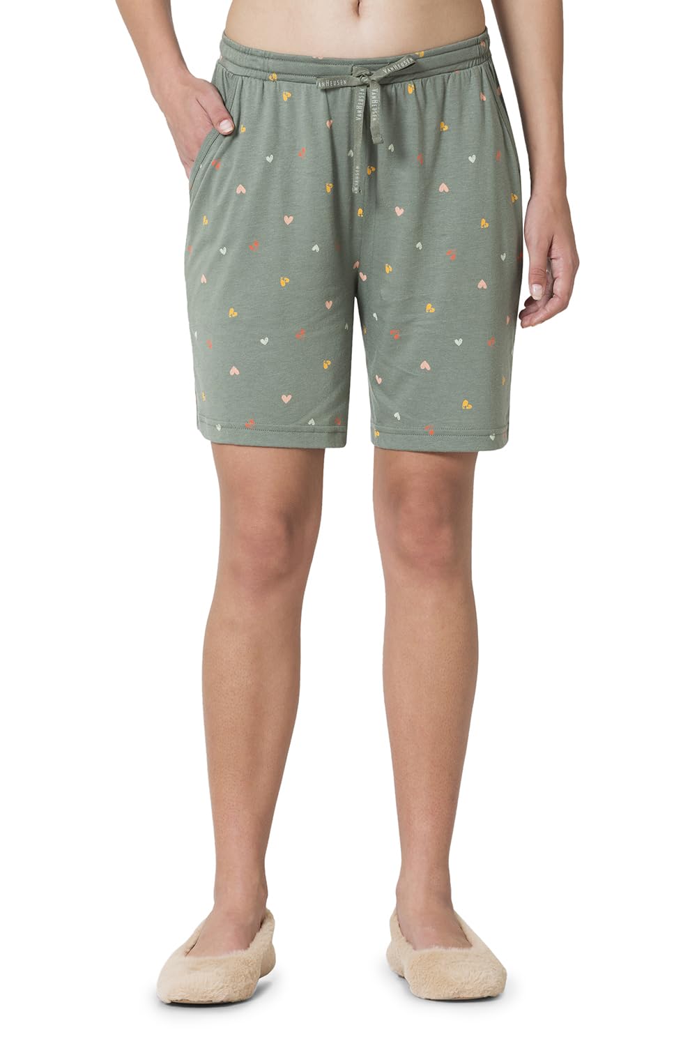 Van Heusen Women Lounge Shorts - Modal Cotton - Allover Print, Functional Pocket, Superior Drape_55502_Sage Heart_S Green