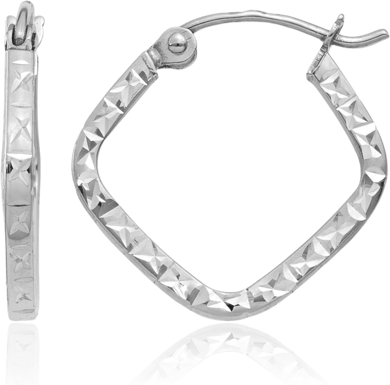 IceCarats 14K Solid White Gold Medium Square Hoop Earrings 17mm 5/8 inch Snap Back, Diamond Cut For Her