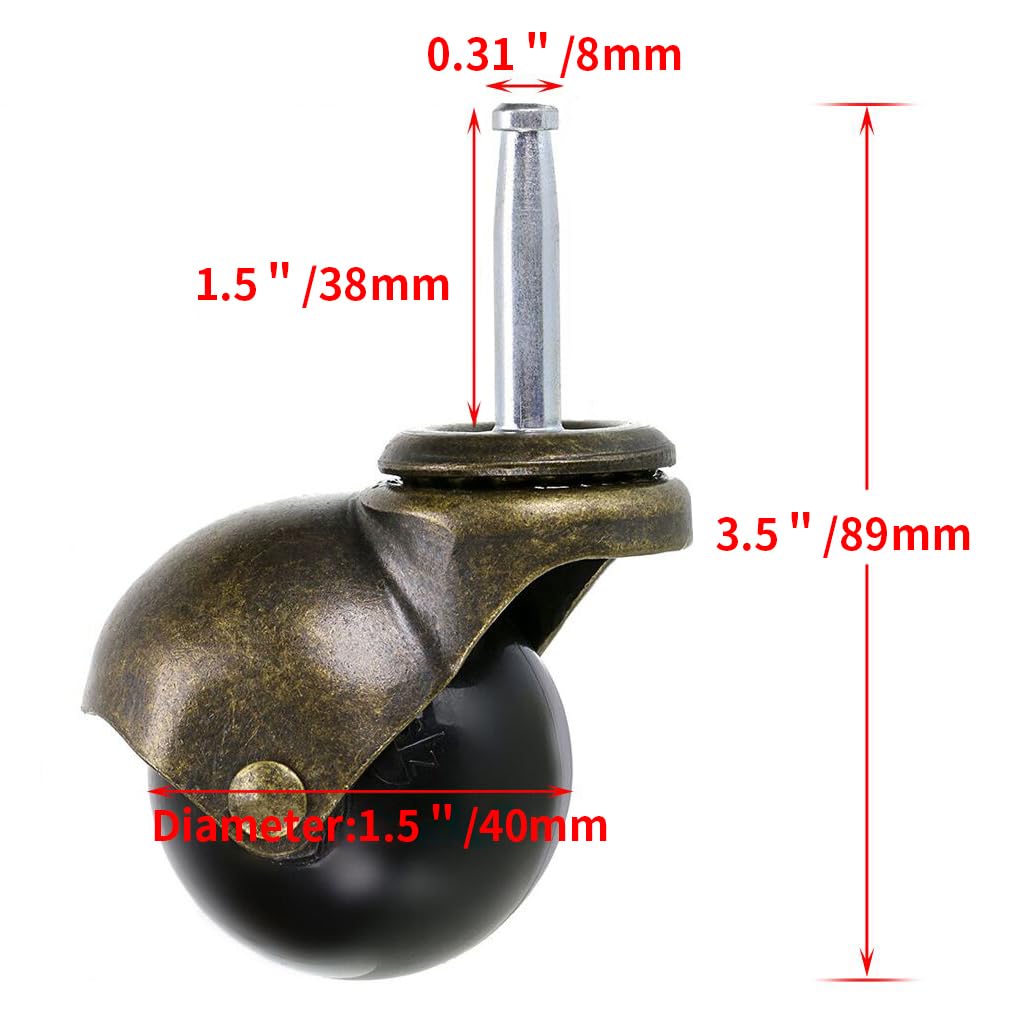 Skelang 4 piezas rueda de bola de bronce, ruedas de muebles de 40 mm, ruedas de bolas redondeadas con freno, reemplazo de muebles, sofás, sillas, capacidad de carga 22.7kg por rueda