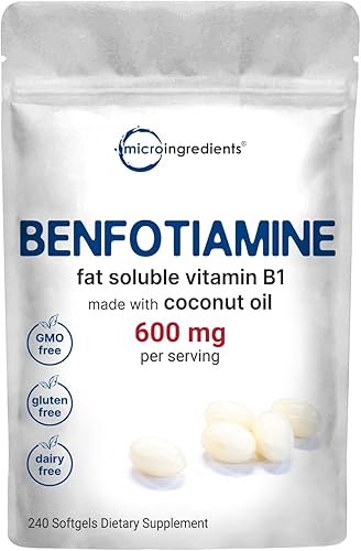 Micro Ingredients Vitamina B1 Benfotiamina 600 mg por porción, 240 cápsulas blandas de aceite de coco  Suplemento de vitaminas B biodisponible,