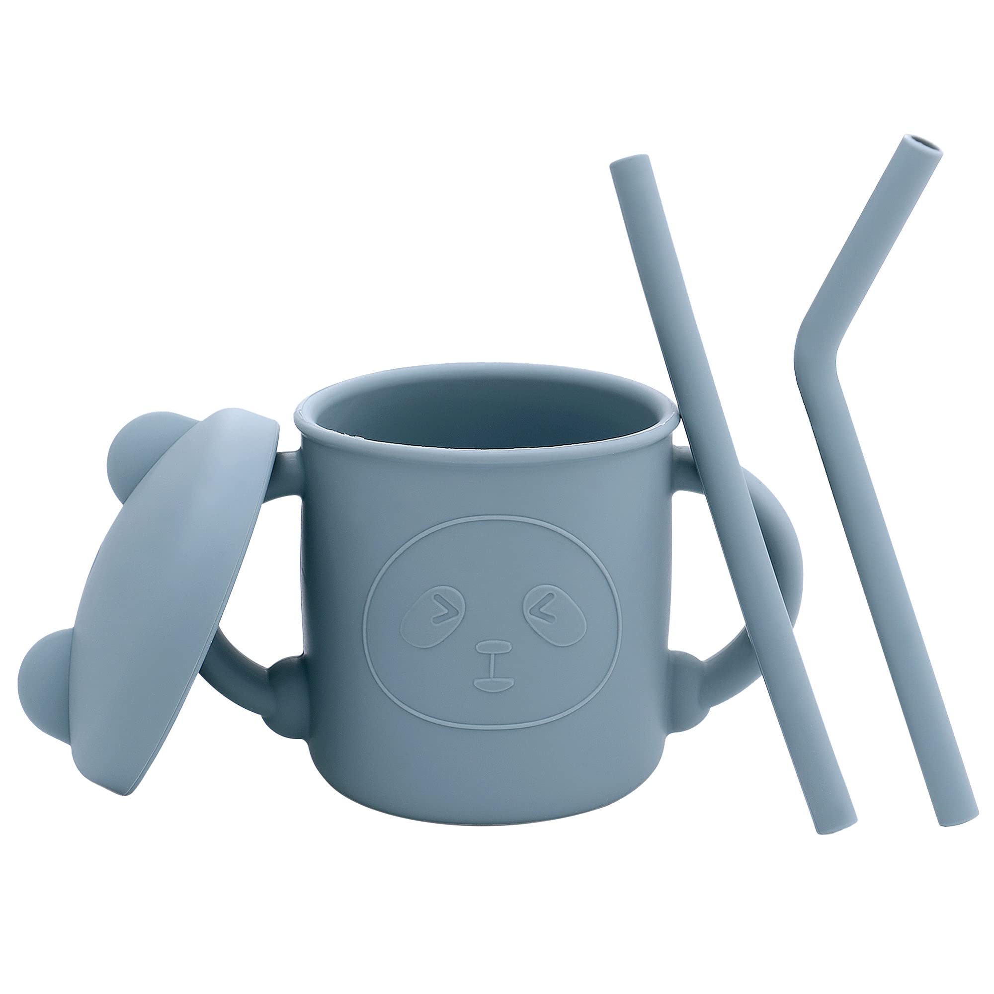 BBaby Straw Cup Silicone Baby Training Cup 6.7 oz Infant Learning Cup Cute Cup with Lid and Handle Transition Cup for Baby Infant Toddler with 2 Straws (Blue)