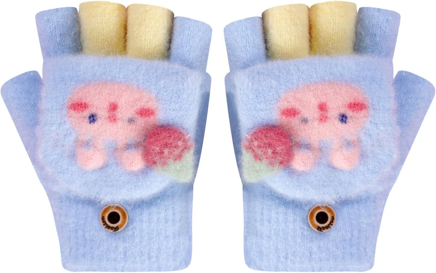 OhMill Kids Warm Gloves Winter Flip Top Gloves Rabbit Print Cartoon Mittens Knitted Half Finger Mitten for Boys Girls 4-8 Yrs
