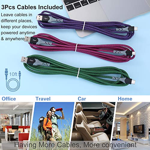 Pofesun [3-Pack,10ft] USB C Cable Fast Charge, Type C Charger Cord Braided USB C Charging Cable Compatible with Samsung Galaxy A10e A20 A50 A51 A71,S20 S10 Plus S10E,Note 20 10, Moto-Purple,Green,Rose | Braided USB to USB C Cable,USBC Phone Charger C