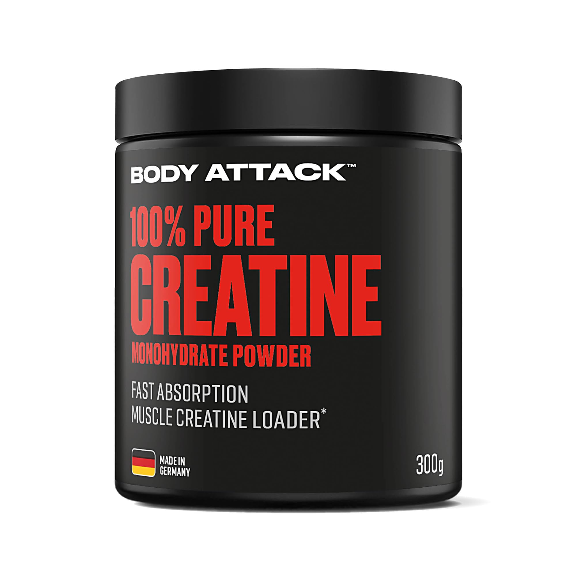 Body Attack 100% Pure Creatine - 300 g Pulver - Made in Germany - hochwertiges mikrofeines Creatin Monohydrat - Reines Kreatin Pulver zum Selbstdosieren - Vor/nach dem Training - gute Löslichkeit