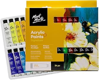 Mont Marte Acrylic Paint Set 24 Colours 12ml, Perfect for Canvas, Wood, Fabric, Leather, Cardboard, Paper, MDF and Crafts (24 Bright Colours 12 ML, 1 PACK)