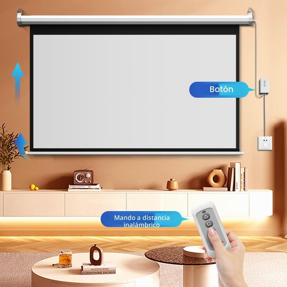 Pantalla de proyector motorizada de 60″ 16:9, 4K HD, eléctrica, automática, retráctil y con Control Remoto for el hogar, la Oficina y el Aula.
