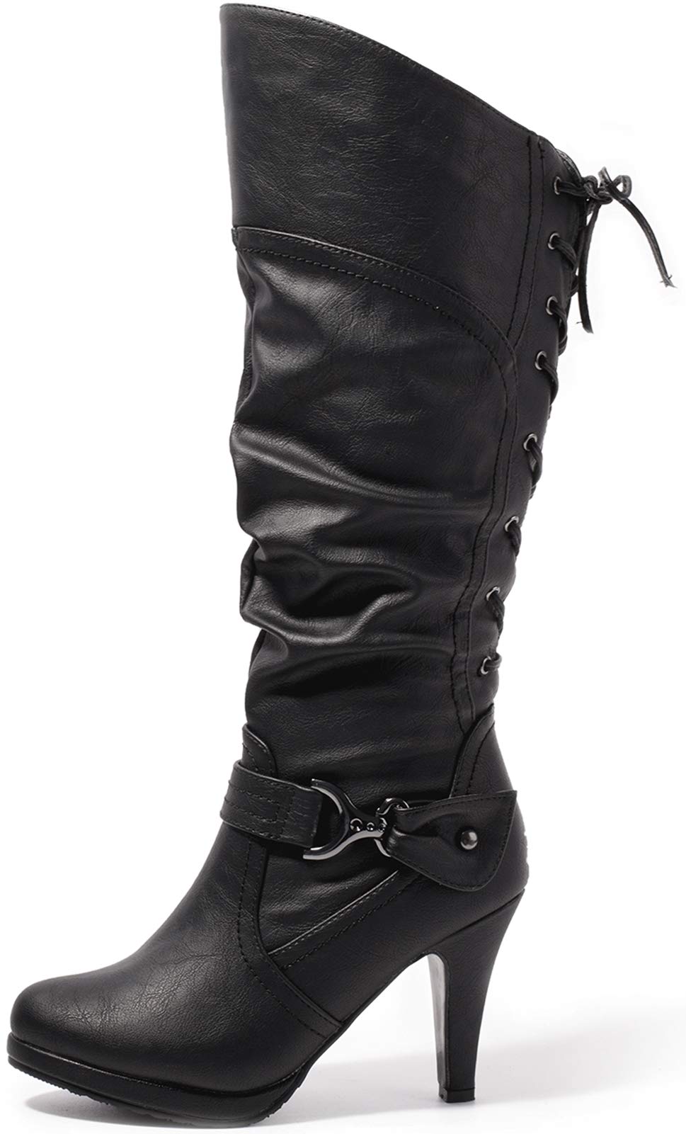 katliu Women's Heeled Knee High Boots Back Lace Up Slouchy High Heel Boots