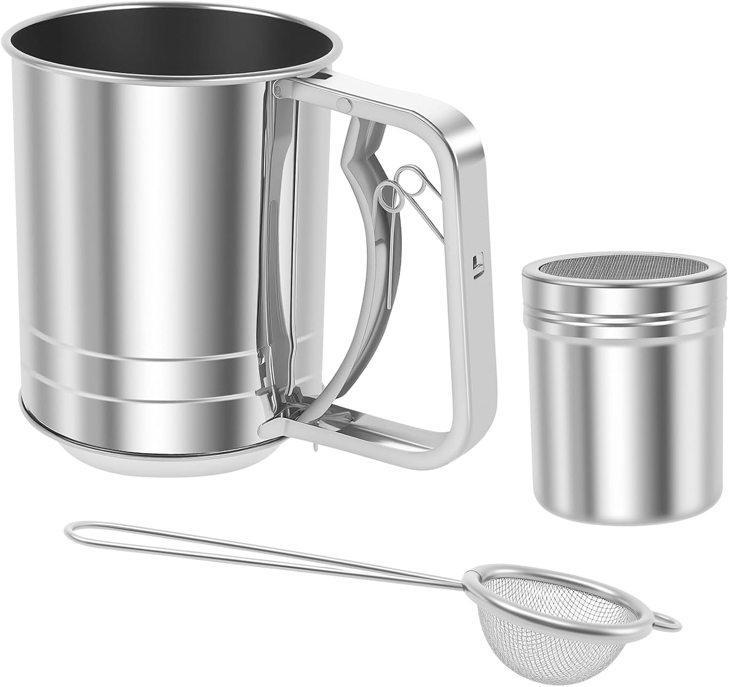 3 in 1 Flour Sifter for Baking, 3 Cup Stainless Steel Double Layer Fine Mesh Sifter, Flour Shaker Duster with Lid, Powdered Sugar Spice Sifters Spoon, Handheld Flours Sieve for Cooking Cakes Desserts