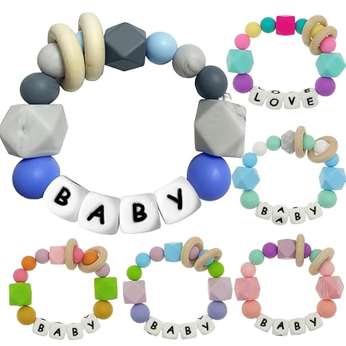 Anillo mordedor personalizado para bebé con nombre, pulsera de dentición de sonajero de silicona personalizada con madera de haya natural,