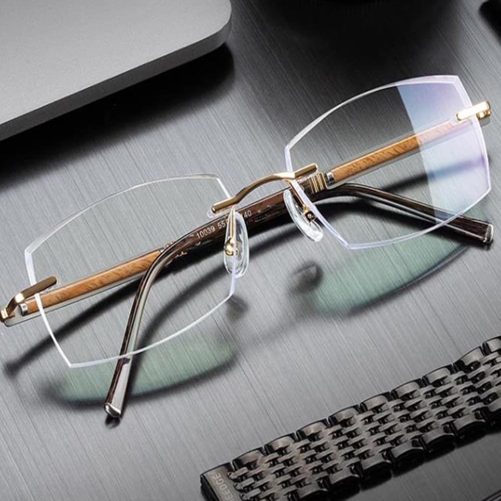 Gafas de lectura Fotocrómico,metal HD Gafas de computadora Rectangulares Gafas de lectura corte de diamante sin marco-Hombre