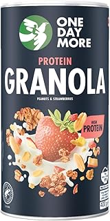 OneDayMore Protein Granola | 450g Viele Früchte Haferflocken Müsli | Vegan Fit Muesli Essen 27,3g Eiweiss Frühstück 100% Natürlich | Kakao Erdbeeren Musli