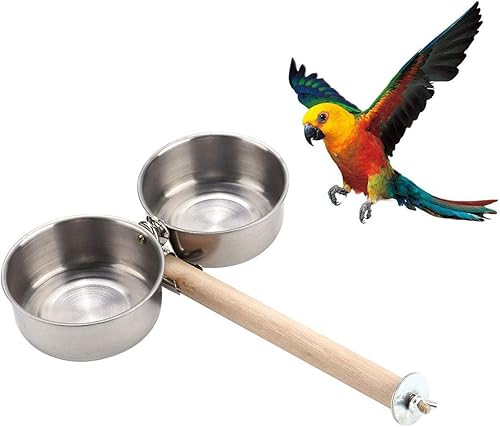 Bird Perch with Feeder CupsBowls Stainless Steel Odorless with Holder Hanger for Outside Durable Water Food Dispenser for Parakeet Cockatiel Conure African Grey Macaw Cage Accessories (B-20CM)