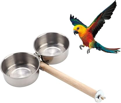 Bird Perch with Feeder CupsBowls Stainless Steel Odorless with Holder Hanger for Outside Durable Water Food Dispenser for Parakeet Cockatiel Conure African Grey Macaw Cage Accessories B-20CM