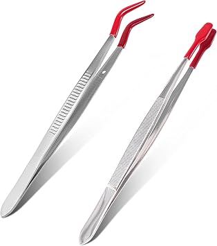 2 Pieces Rubber PVC Coated Set,Stainless Steel Coated Flat & Bent Tips,Non-Marring Tool for Stamp Tweezer Coin Jewelry Crafts Making and Sticker Tweezer Craft Tweezers