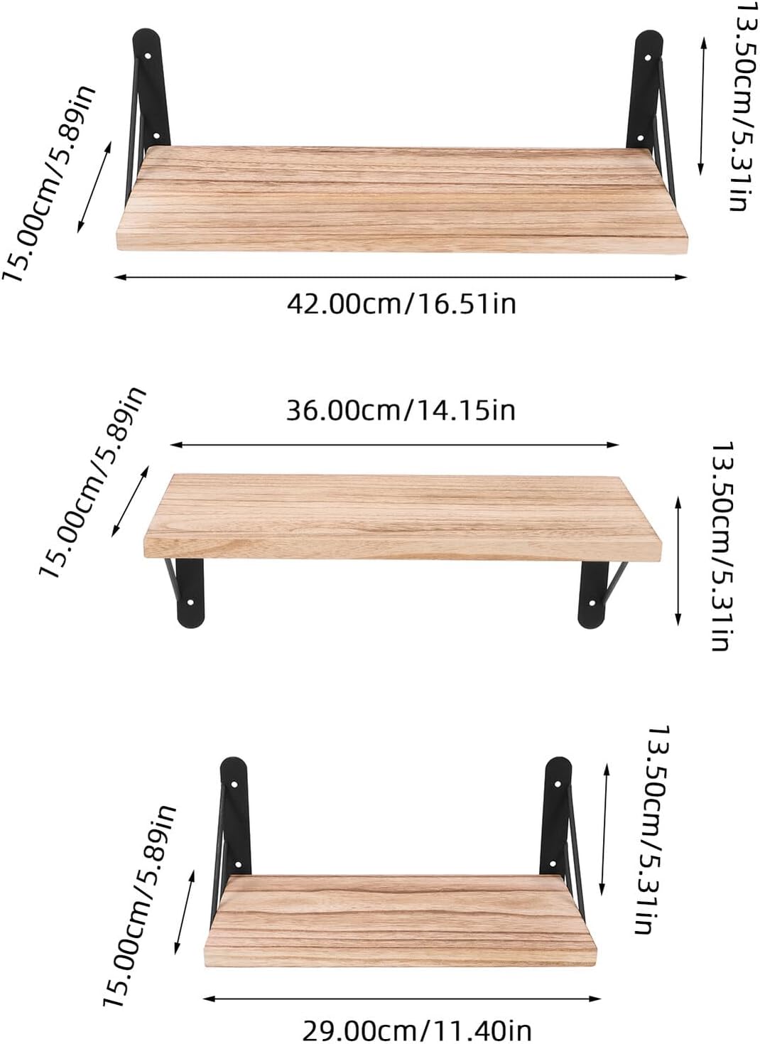 Rustic Wood Floating Wall Shelves Set of 3, Light Burnt Finish, Wall Mounted Storage Organizer for Bedroom Living Room Office Decor