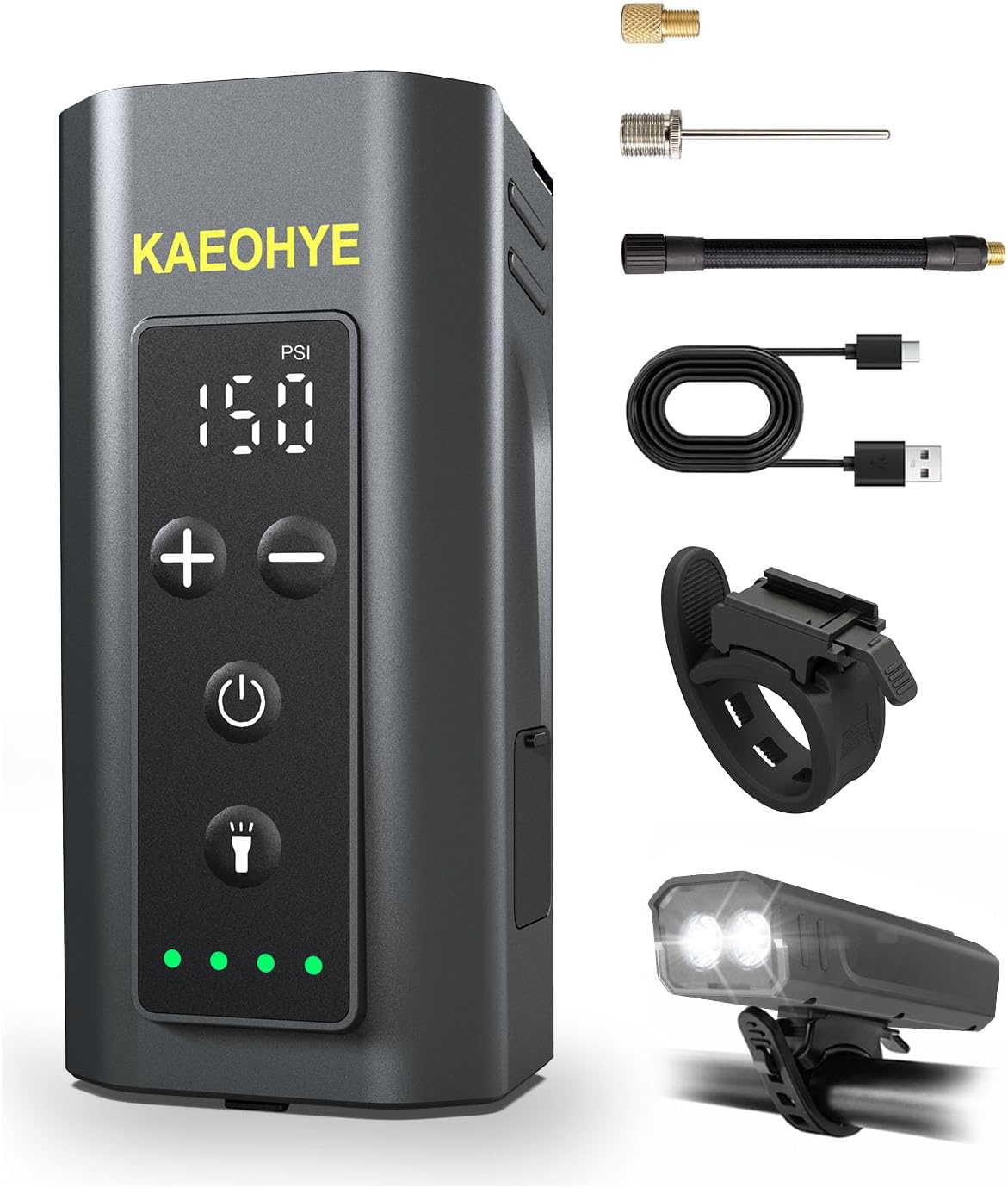 Mini Bike Pump with Bicycle Headlight, 150PSI Portable Electric Bike Air Pump with Presta and Schrader for Road/MTB/E-Bike, Digital Gauge & Auto-Stop