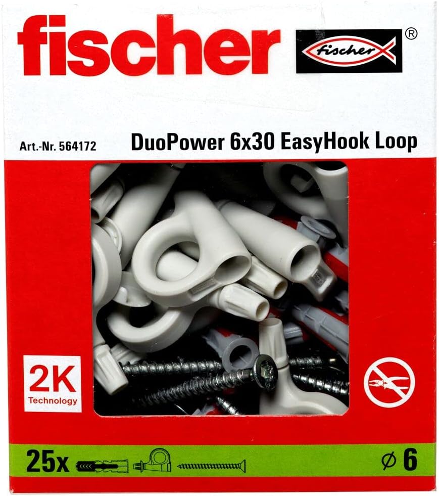 fischer Loop 564172 Set of 25 Eye Hook Screws and DuoPower, Chipboard Screws with Hooks, Flexible Screw Hooks for Mounting in Numerous Building Materials EasyHook, White, 6 x 30 Dowels