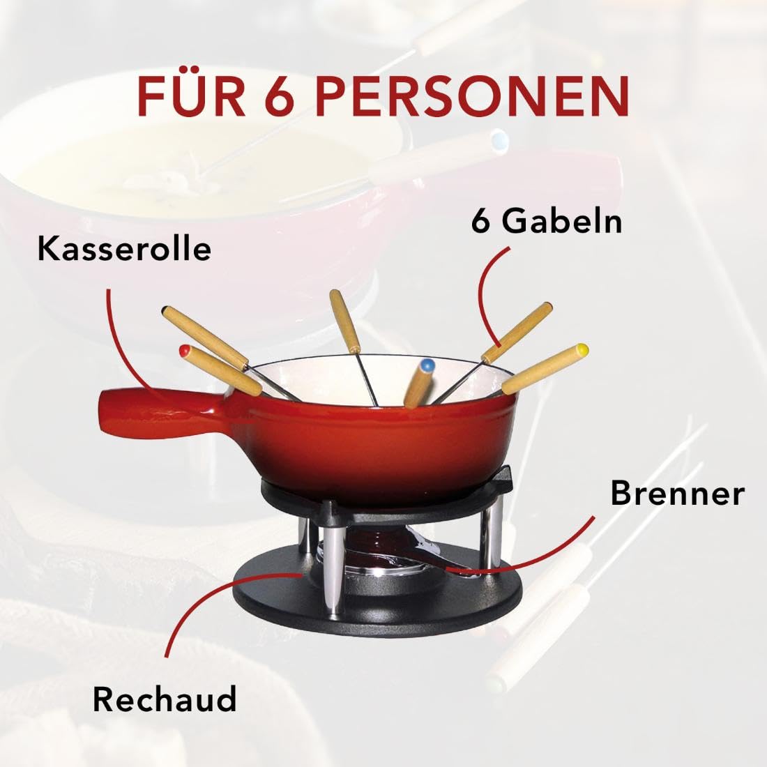Baumalu - Fondue-Set aus rotem emailliertem Gusseisen - Abmessungen 20 cm - ideal für 6 Personen - inklusive Rechaud - Brenner - Caquelon und 6 Gabeln - hochwertige Küchenutensilien