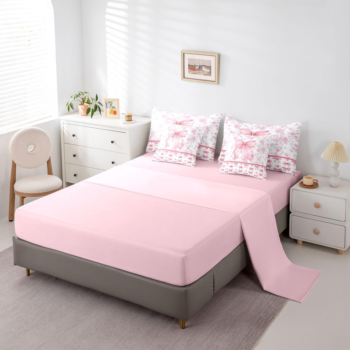 Feelyou Girls Pink Bow Comforter Set with Sheets 7 Piece Twin Size Cute Flower Bowknot Bedding Set for Kids Boys Girls Girly Bow Tie Bed in a Bag Princess Room Decor Soft Lightweight Microfiber