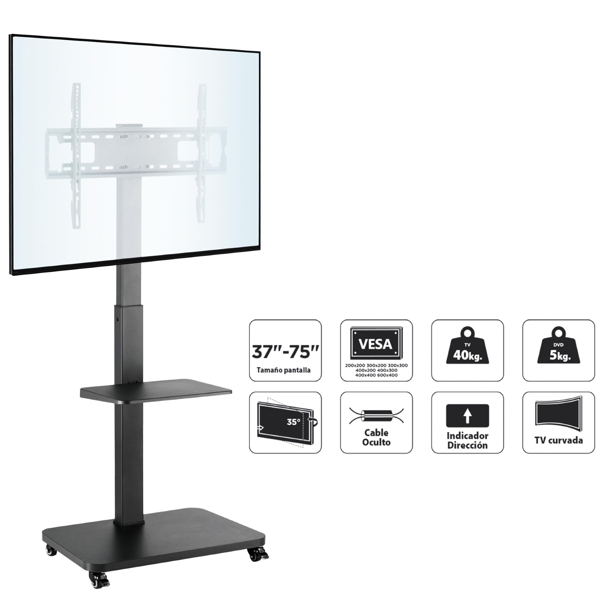 Bricoloco Soporte TV de Suelo con Ruedas giratorias y 2 baldas de Apoyo para Accesorios - Soporte de pie para televisores de 37 a 70 Pulgadas con Base Robusta y Estable - Sistema de Cables recogidos.