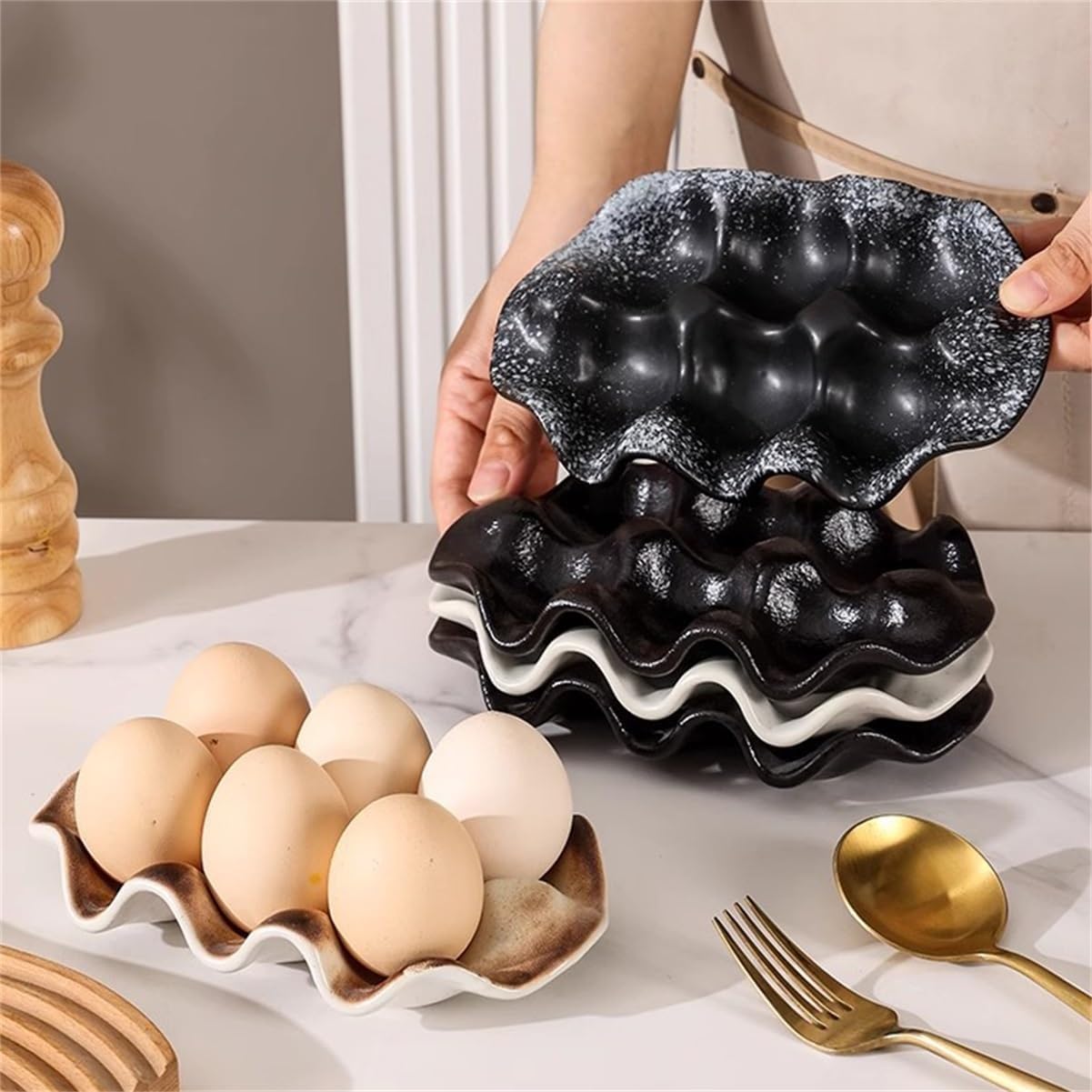 Egg Tray, Handmade Ceramic 6-Slot Creative Decoration Living Room Storage Tray for The Key, Ring and Jewelry, 2 Pieces ﻿ ﻿(E)