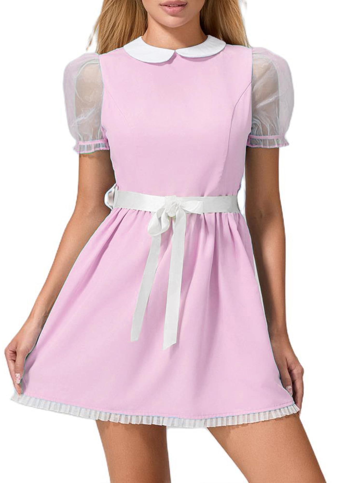 LYSINK Women Halloween Costume Short Puff Sleeve Blue Doll Dress Sister Twins Cosplay Lolita Mini Dress (A1-PINK, S)