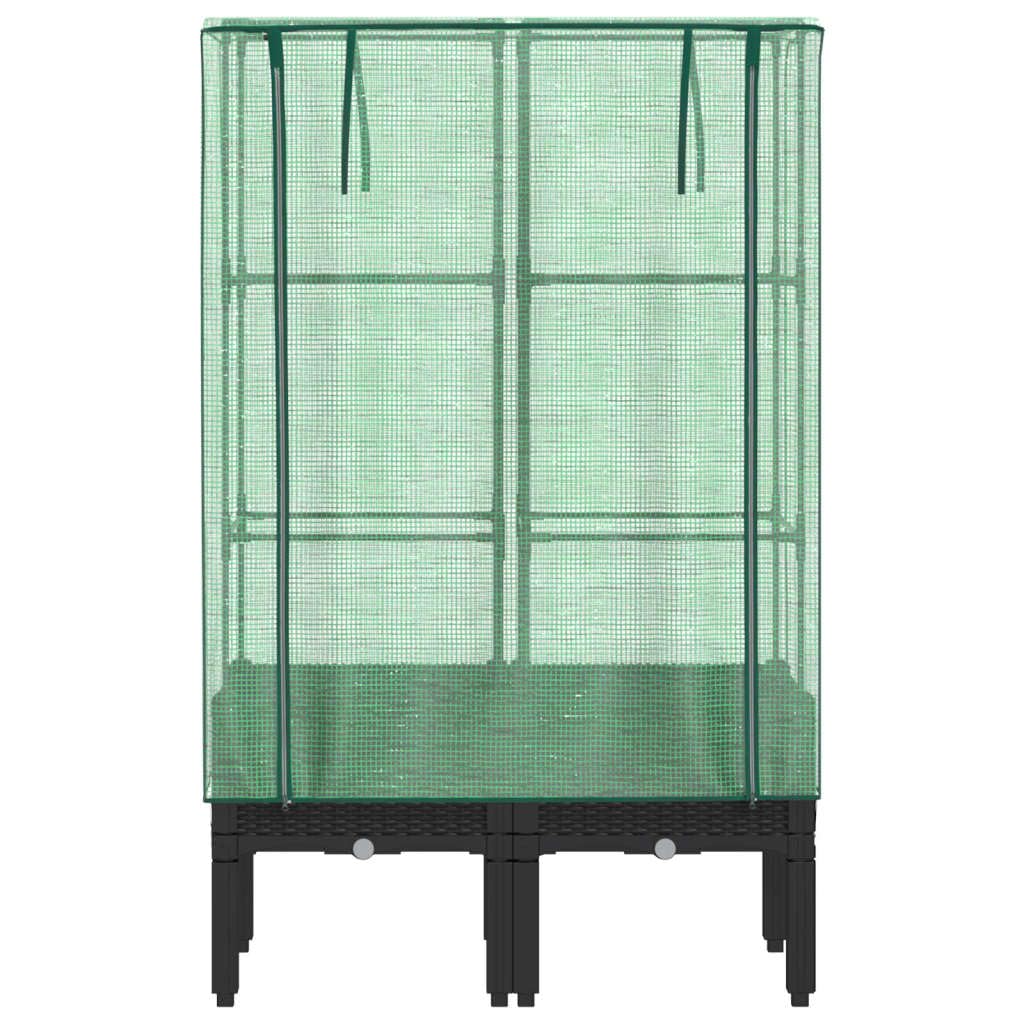 Jardinera con accesorio de invernadero con aspecto de ratán, jardinera para balcón y jardín, marco de hierro estable y cubierta de polietileno, para verduras y hierbas, color negro, 80 x 40 x