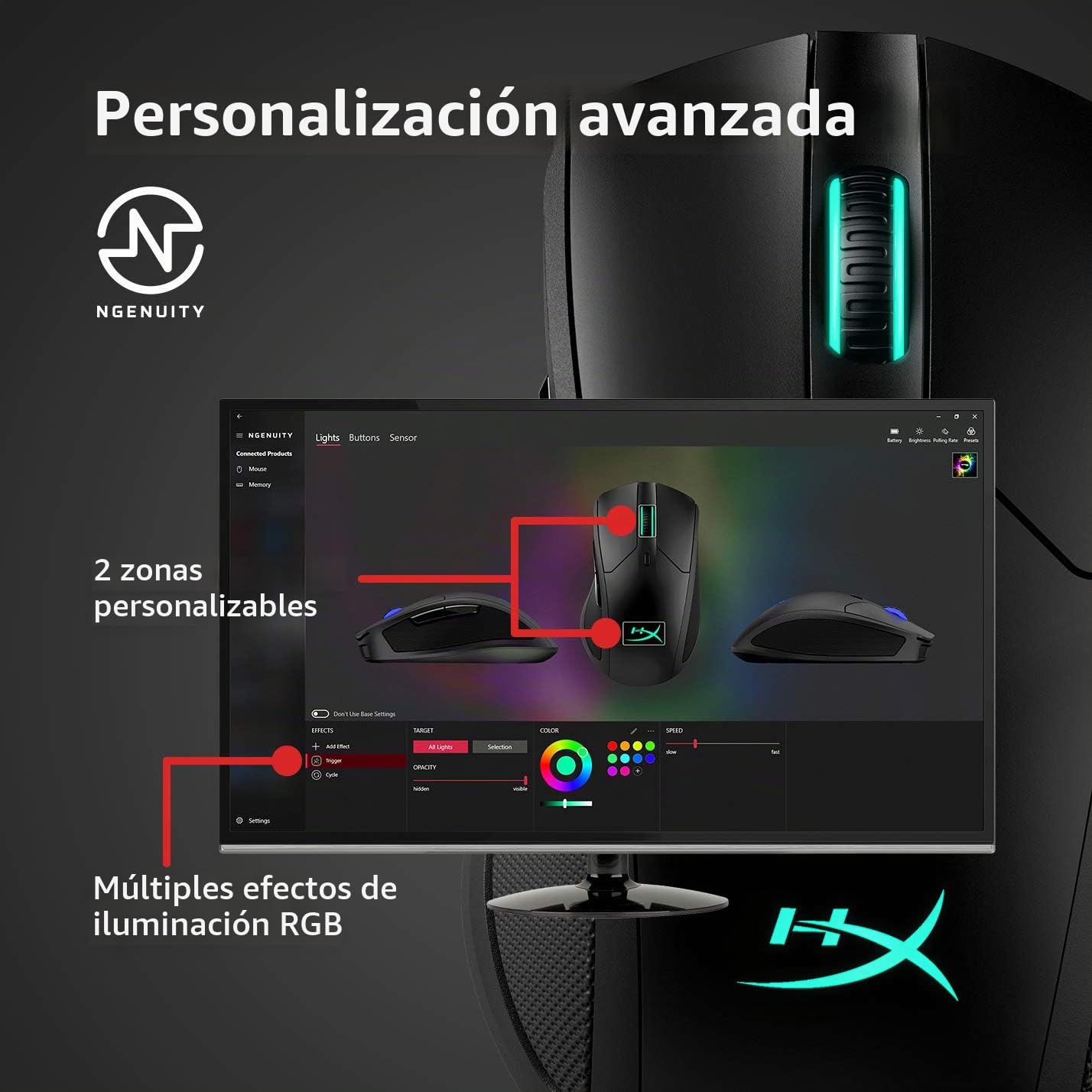 HyperX Pulsefire Dart – Ratón para Gaming Inalámbrico RGB, Compatible con el Ngenuity Sofware para personalizarlo, Cargador–Qi, Batería de hasta 50 horas – Compatible con PC, PS4, Xbox One