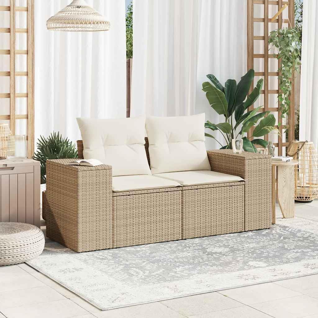 Modular Garden Sofa with Storage, Beige Poly Rattan Outdoor Patio Loveseat, Water-Resistant Cushioned Seating for Backyard, Terrace, and Porch