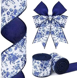 2Rolls Blue White Floral Wired Edge Ribbon Chinoiserie Burlap Ribbon Vintage Floral Peony Patterned Fabric Ribbon for Gift Wrapping Wreath Bow Making, 2.5 Inch - Buy now