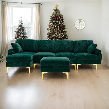 114" U Shaped Sectional Sofa Couch with Ottoman, Velvet Upholstery Cloud Couch, Modern 5 Seater Sectional Couch Set, Sectional Couches for Living Room, Metal Gold Legs Emerald Green