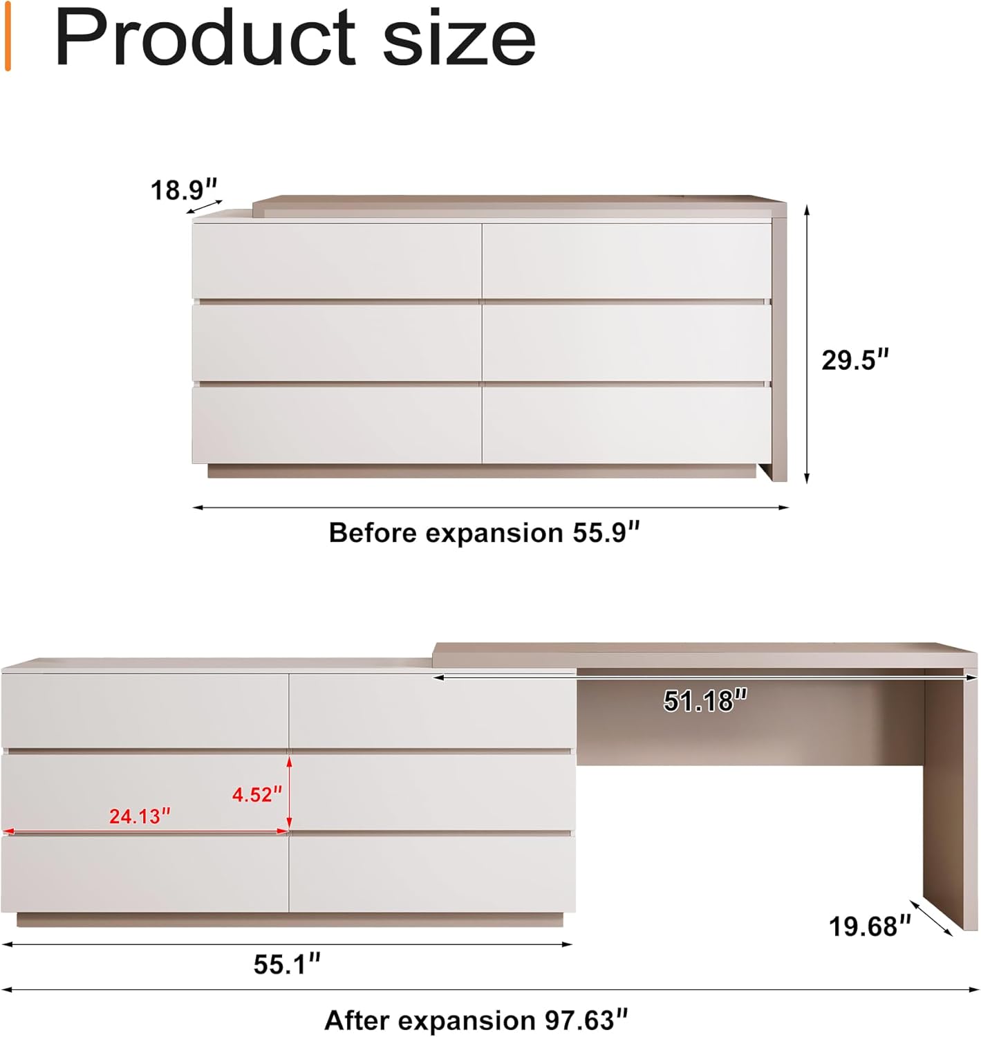 Modern L-Shaped Rotating Computer Desk 97.63 x 19.68 Inch with 6 Drawers with 51 Inch Document Cabinet, Learn to Write, Reversible Layout, Desk Dresser Combo for Home Office Furniture