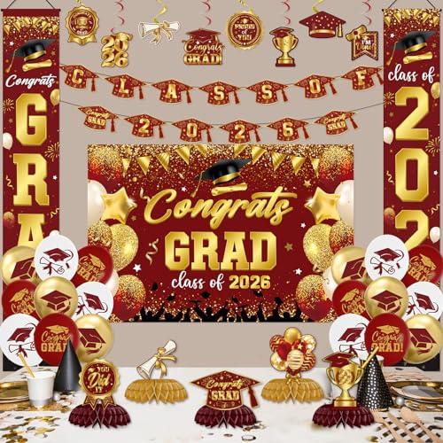 2026 Graduation Decorations Set – Congrats Grad Party Decor with Banner, Backdrop, Porch Door Banners, Balloons, Table Centerpieces for Class of 2026 Celebration (Red Gold) by Pedenty - Used condition - Image 6