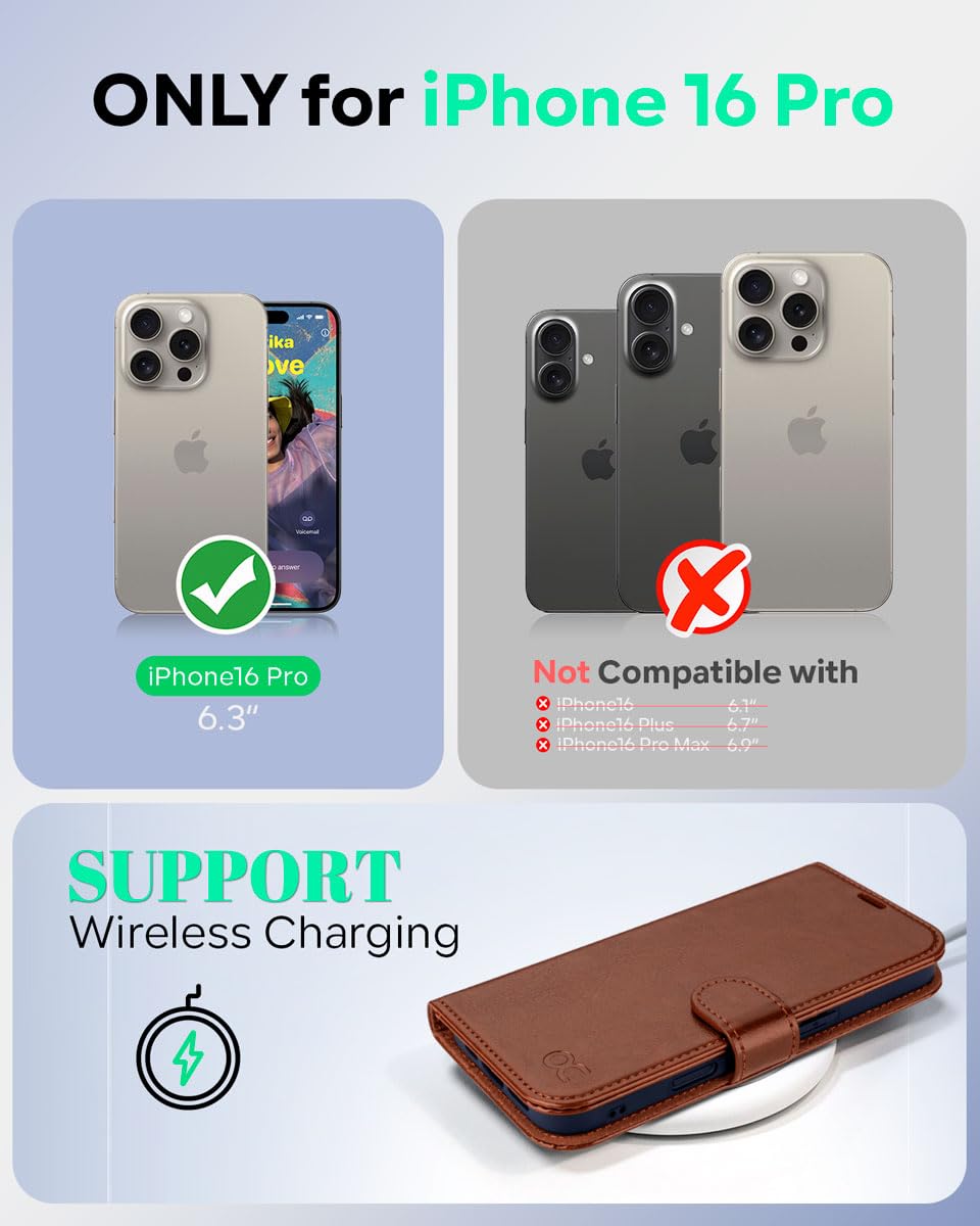 OCASE for iPhone 16 Pro Case, PU Leather Wallet, Magnetic Flip Folio Cover with RFID Blocking, Card Holders, Shockproof TPU - Image 2