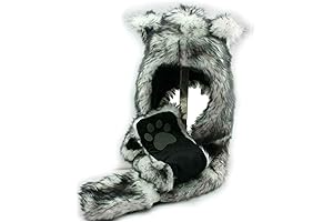 White Wolf Animal Hood Mittens Gloves Scarves Paws Print and Ears Hoodie