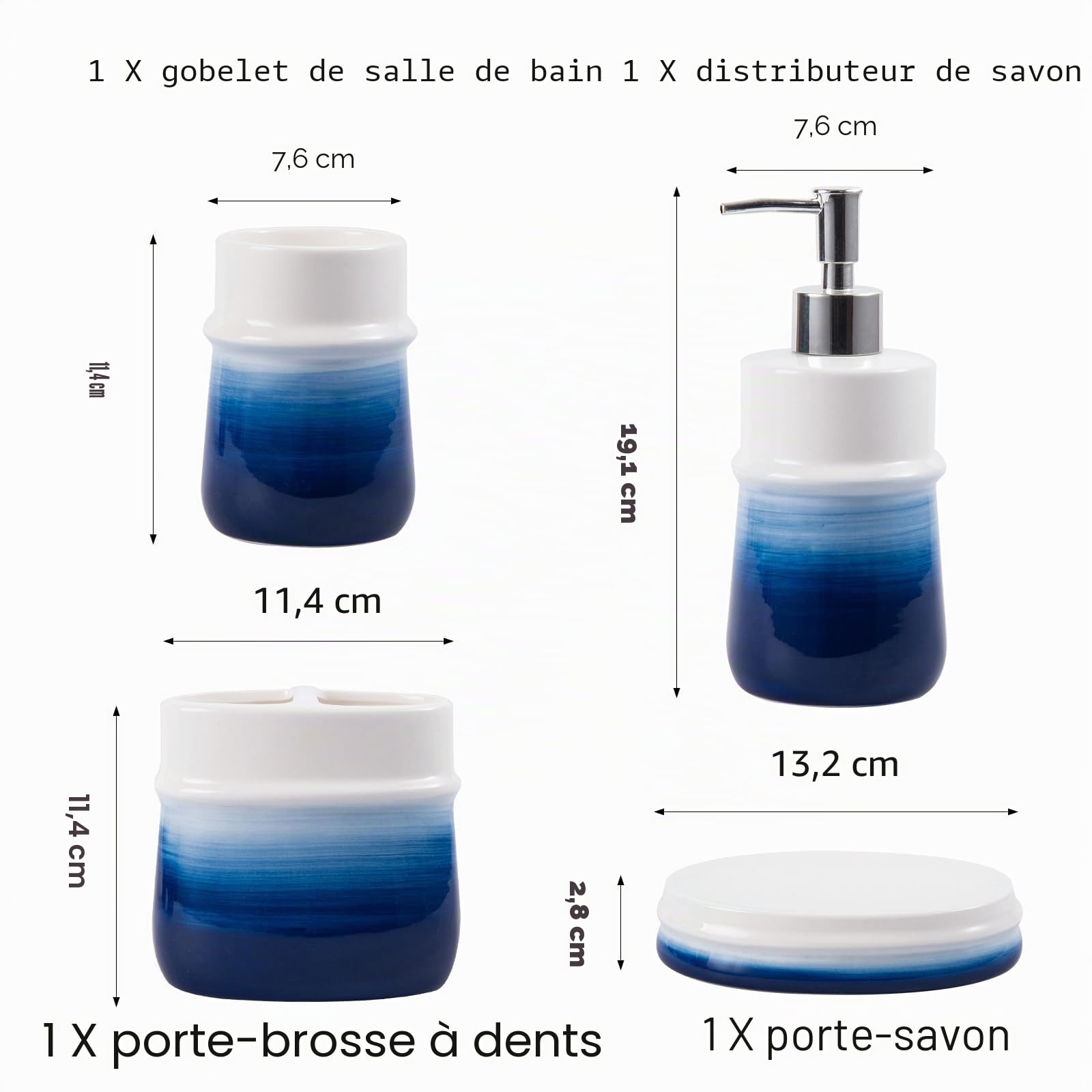Ensemble d'accessoires de Salle de Bain Bleu Marine, 4 pièces en céramique Bleu Marine, Comprend Une Tasse à Brosse à Dents, Un Distributeur de Savon, Un Porte-Savon, Un gobelet
