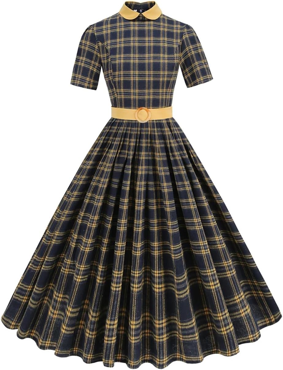 Women Peter Pan Collar Vintage Dress Plaid Pleated Long Dresses High Waist A Line Dress