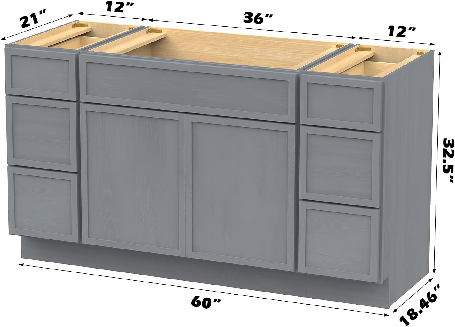 Vanity Art 60" Bathroom Vanity Base Cabinet Not Include Sink Combo, Floor Cabinet Storage Organizer with Soft Closing Door & Drawers, 6-Drawers 2-Doors, Sliver