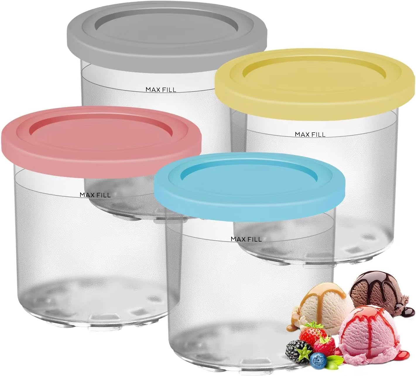 4 Pack Ice Cream Containers Compatible with Ninja Creami NC299AMZ NC300 & NC301 Series Ice Cream Maker, Replacement Pints Containers and Lids, BPA-Free & Dishwasher Safe, Grey/Blue/Pink/Yellow