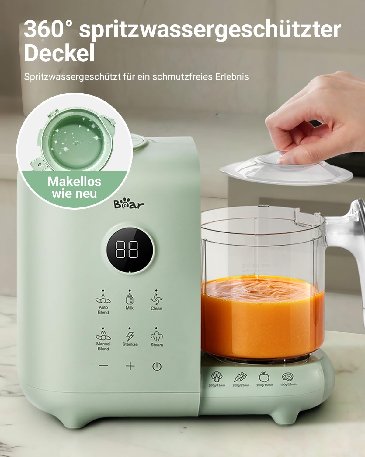 Bear 6-in-1 Dampfgarer mit Mixer Premium Babynahrungszubereiter,Dämpfen, automatisches Rühren, Milcherwärmung, Desinfektion, Selbstreinigungsfunktion, Automatische Reinigungsfunktion, BPA-frei (Grün)