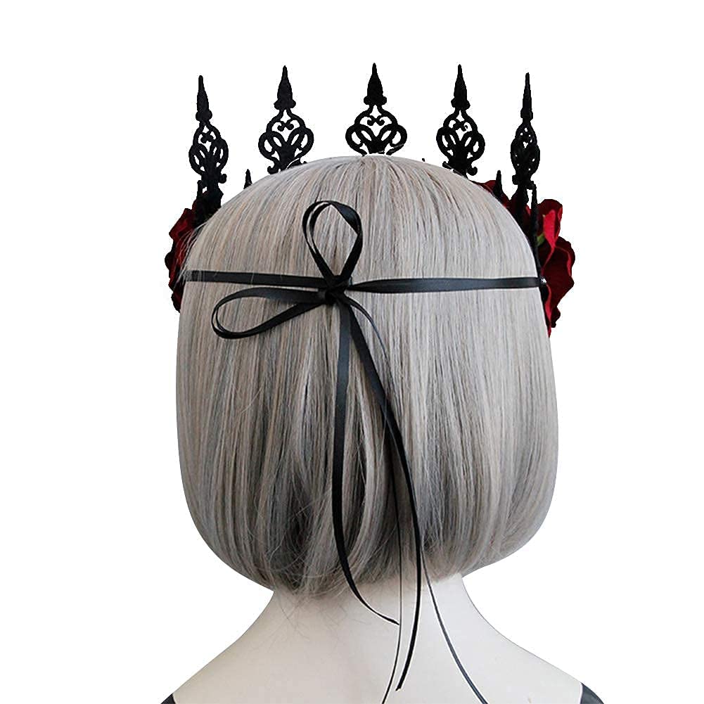 IBLUELOVER Halloween Headband Gothic Rose Tiara Queen Princess Garland Crown Headband Vintage Wedding Wreath Floral Bride Headpiece for Women Girls Day of The Dead Halloween Party Cosplay - Image 4