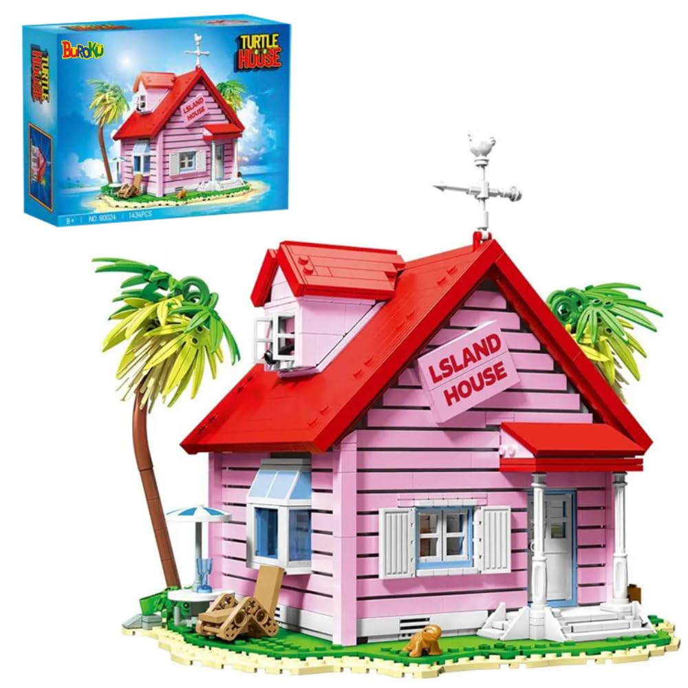 Casa Tropical de la Isla Tortuga | 1434 Piezas | Modelo de Bloques de Construcción | Villa Rosa de Colección | Decoración para Escritorio y Regalo para Fans de Anime