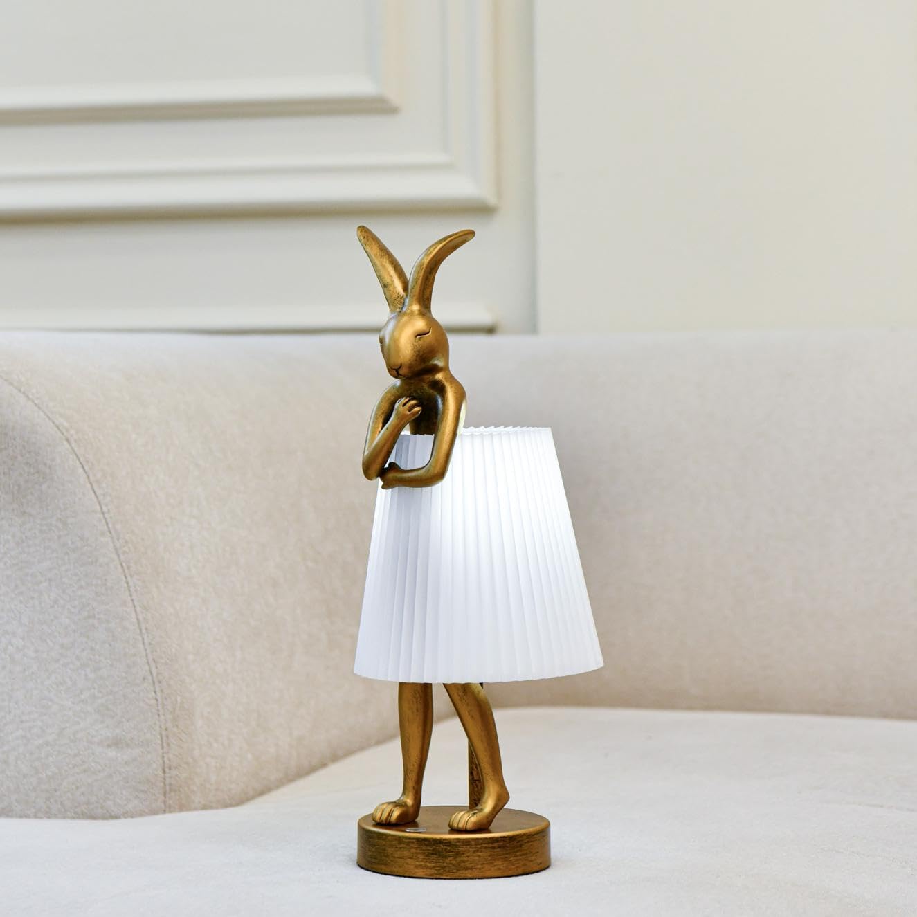 Cordless Bunny Table Lamp - Rechargeable Resin Rabbit Desk Light with 5000mAh Battery, Pleated White Shade, Stepless Dimming, Antique Gold Finish for Bedroom & Living Room