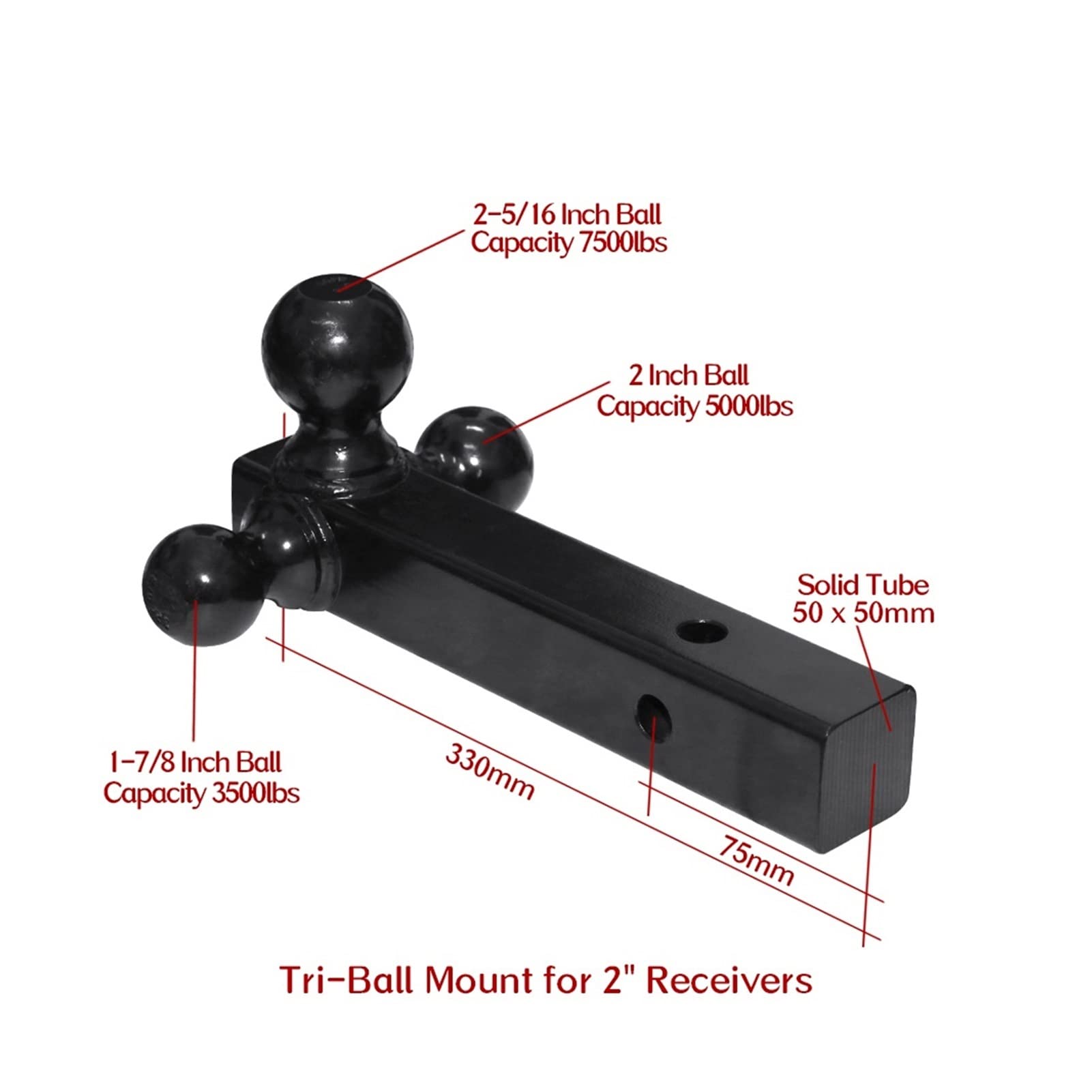 Zaczep do przyczepy, TRI-Ball Mount Trailer Hitch Class 2 3 i 4 pasuje do 2" Odbiornik do pickup SUV. Ciężkie obciążenia czarnej stałej rurki