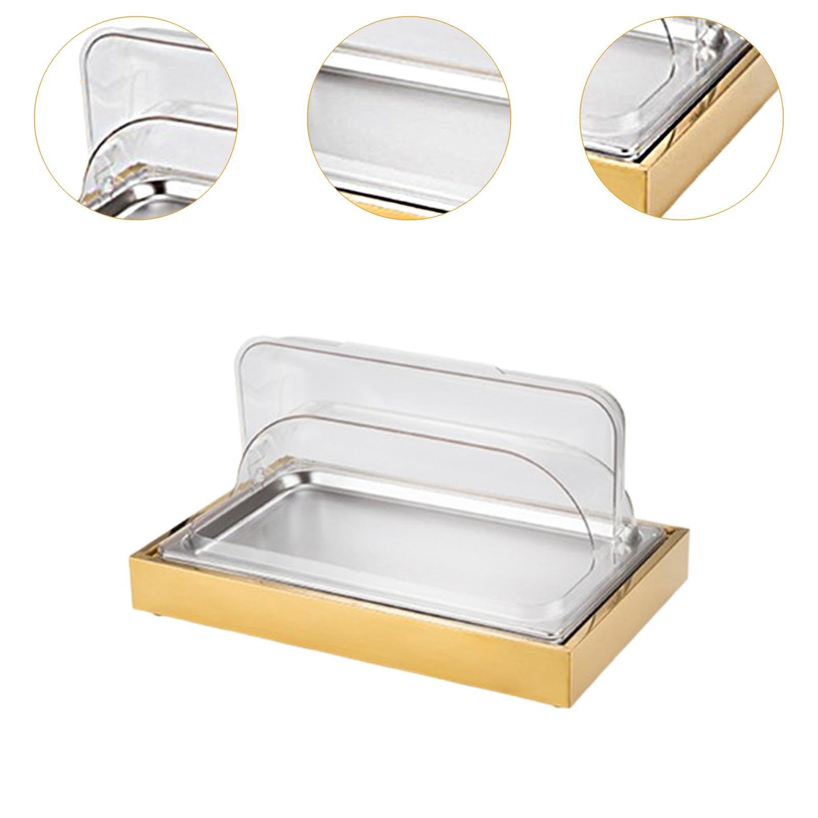 Qianly Bandeja Expositora para Servir Alimentos Fríos, Fácil de Limpiar, para Buffet de, con Tapa Enrollable Transparente, Ideal para Reuniones en H, Oro
