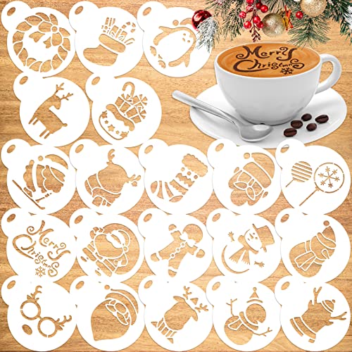 Qpout 20 piezas Molde para hornear galletas de Navidad, molde para decoración de café con fondant, Papá Noel Calcetín Navideño Campana Muñeco De Nieve Plantillas De Pintura Pequeñas De Plástico